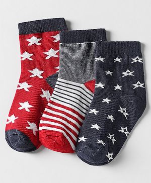 Cutewalk by Babyhug Ankle Length Anti-Bacterial Socks with Star Design & Stripes Pack of 3 - Navy Blue & Red