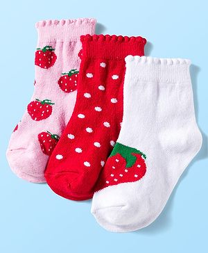 Cute Walk by Babyhug Knit Anti Bacterial Ankle Length Socks With Polka Dot & Strawberry Design Pack of 3 - Multicolor