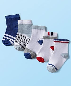 Cute Walk by Babyhug Knitted Ankle Length Anti-bacterial Sock with Stripes Print Pack of 5 - Blue & White