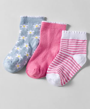 Cute Walk by Babyhug Knit Anti Bacterial Ankle Length Socks With Stripes & Floral Design Pack of 3 - Multicolor
