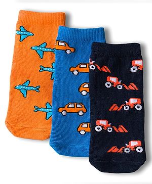 Cute Walk by Babyhug Knit Anti Bacterial Ankle Length Socks With Vehicle Design Pack of 3 - Multicolor