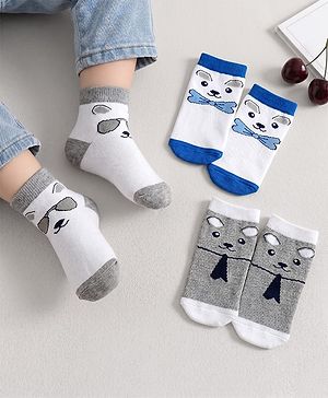 Cute Walk by Babyhug Knit Anti Bacterial Ankle Length Socks With Animal Design Pack of 3 - Multicolor
