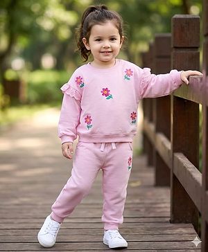 Babyhug Knit Premium Light Gauge Terry Full Sleeves Top and Joggers Set with Floral Embroidery - Pink