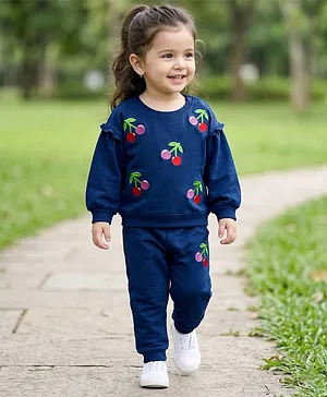 Babyhug Knit Premium Light Gauge
                              Terry Full Sleeves Top & Lounge Pant
                              Set with Cherry Embroidery - Navy Blue