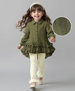 Babyhug Cotton Woven Full Sleeves Frock With Pearl Embellished Leggings & Frill Detailing - Olive Green & White