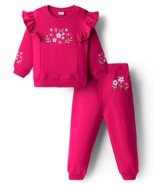 Babyhug Knit Premium Light Gauge Terry Full Sleeves Top & Lounge Pant Co-ord Set With Floral Embroidery - Fuchsia