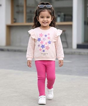 Babyhug Knit Premium Light Gauge Terry Full Sleeves Top and Lounge Pant Set With Stars Print & Frill Detailing - Pink