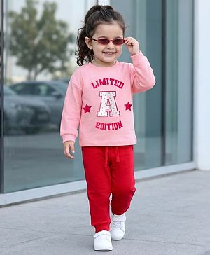 Babyhug Knit Premium Light Gauge Terry Full Sleeves Top & Pant Set With Text Print - Pink & Red