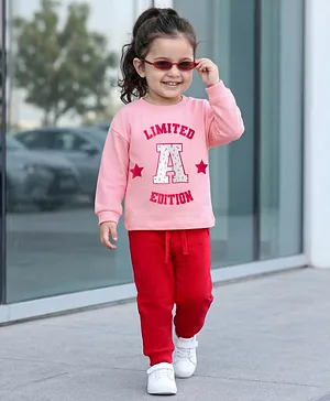 Babyhug Knit Premium Light Gauge
                              Terry Full Sleeves Top & Pant Set With
                              Text Print - Pink & Red