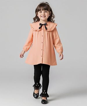 Babyhug Cotton Woven Full Sleeves Frock With Leggings With Bow Applique - Peach