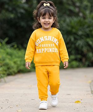 Babyhug Knit Premium Light Gauge Terry Full Sleeves Top and Jogger Set with Sunshine Forever Text Print - Yellow