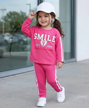 Babyhug Knit Premium Light Gauge
                              Terry Full Sleeves Top and Joggers Set
                              with Smile Text Print - Pink