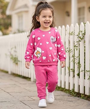 Babyhug Knit Premium Light Gauge Terry Full Sleeves Top and Joggers Set with Heart & Animal  Print - Pink