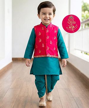 Babyhug Cotton Woven Full Sleeves Kurta Dhoti Set with Borcade Jacket & Floral Embroidery - Teal Blue