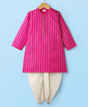 Babyhug Cotton Woven Full Sleeves Kurta Dhoti Set with Dobby Embroidery - Fuchsia