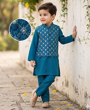 Babyhug Woven Full Sleeves Kurta Pajama Set with Jacket Embroidery & Sequin Detailing - Teal Blue