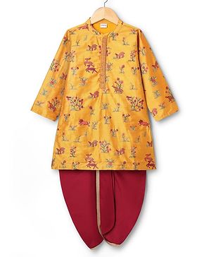Babyhug Cotton Woven Full Sleeves Deer & Floral Embroidered Kurta Dhoti Set - Mustard