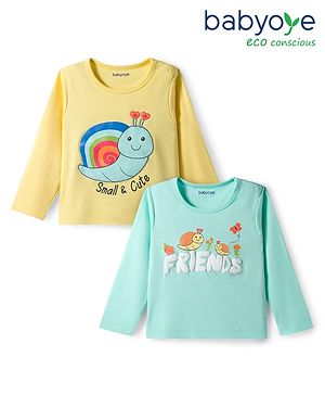 Babyoye 100% Cotton Knit Eco Jiva Finish Full Sleeves T-Shirts With Snail & Friends Text Print Pack of 2 - Light Blue & White