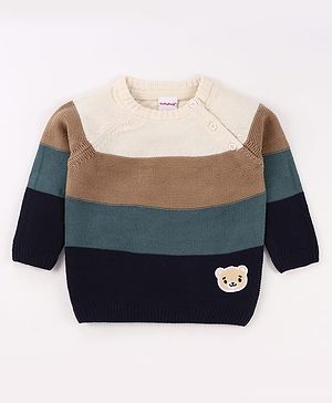 Babyhug Knit Full Sleeves Pullover Sweater with Stripe Design & Animal Patch Embroidery - Navy Blue Beige & Blue