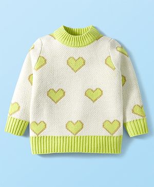 Babyhug Knit Full Sleeves Pullover Turtle Neck Sweater with Heart Design - Off White