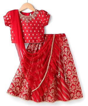 Babyhug Brocade Woven Half Sleeves Choli Lehenga & Dupatta Set With Floral Print - Red