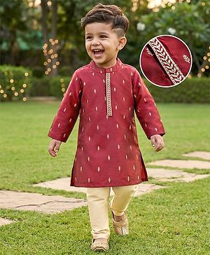 Babyhug Brocade Woven Full Sleeves Kurta Pajama Set With Floral Print - Maroon