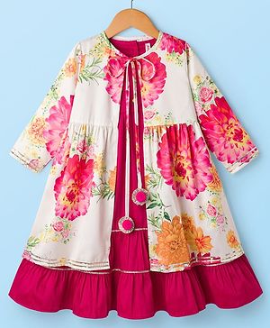 Babyhug Woven Layered Ethnic Dress with Three Fourth Sleeves Jacket & Flora Print - Off White