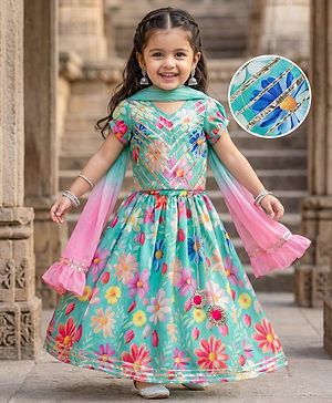 Babyhug Woven Half Puffed Sleeves Choli Lehenga Set with Dupatta Floral Print & Lace Detailing - Light Blue