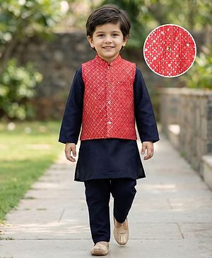 Babyhug Cotton Woven Full Sleeves Solid Kurta Payjama Set with Sequined Embroidered Nehru Jacket - Navy Blue & Red