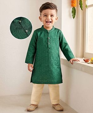 Babyhug Cotton Woven Full Sleeves Kurta Pajama Set with PST Sequenced Embroidered - Dark Green