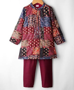 Babyhug Cotton Woven Full Sleeves Kurta Pajama Set with Floral Chinnon Print & Sequin Detailing - Wine