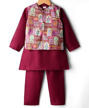 Babyhug Cotton Woven Full Sleeves Solid Kurta Pajama Set with Floral Motif Print Jacket - Maroon
