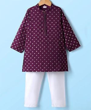 Babyhug Cotton Woven Full Sleeves Kurta Pyjama Set with Cambric Foil Printed - Dark Purple