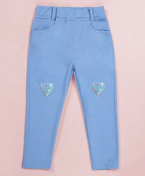 Kiddopanti Cotton Lycra Knit Heart Applique Detailed Jeggings  - Blue