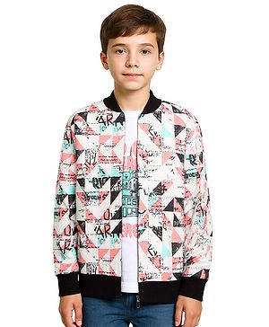 CAVIO Cotton Woven Full Sleeves Geometric & Typography Printed Jacket With Tee - Turquoise Blue & Pink