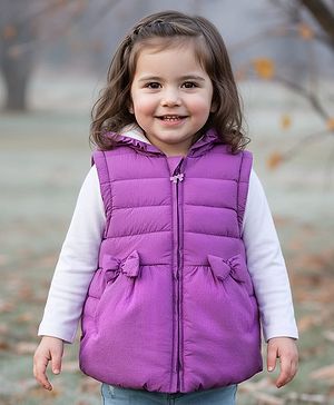 Babyhug Woven Sleeveless Padded Hooded Jacket With Bow Applique - Purple