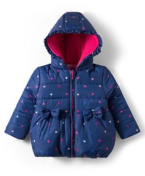 Babyhug Woven Full Sleeves Hooded Padded Jacket With Heart Print & Bow Applique - Navy Blue