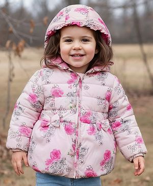 Babyhug Woven Full Sleeves Hooded Padded Jacket With Floral Print - Pink
