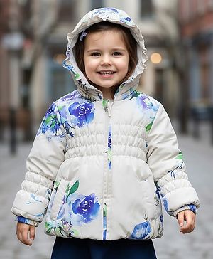 Babyhug Woven Full Sleeves Hooded Padded Jacket With Floral Print - Blue & White