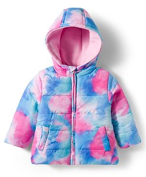 Babyhug Woven Full Sleeves Hooded Padded Jacket With Tie & Dye Print - Pink & Blue