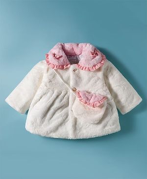Babyhug Fur Woven Full Sleeves Jacket & Sling Bag with Bow Applique & Frill Detailing - White & Pink