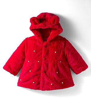 Babyhug Woven Full Sleeves Hooded Fur Winter Jacket with Pearl Detailing & Ear Applique - Red
