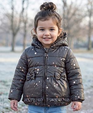 Babyhug Woven Full Sleeves Hooded Padded Jacket With Foil Star Print - Charcoal Grey