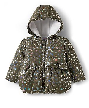 Babyhug Woven Full Sleeves Printed Hooded Padded Jacket With Bow Applique - Olive Green