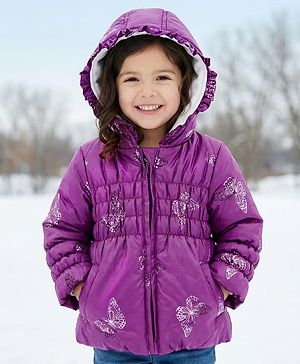 Babyhug Woven Full Sleeves Hooded Padded Jacket With Butterfly Print - Purple