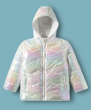 Babyhug Woven Full Sleeves Metallic Solid Hooded Padded Jacket - White