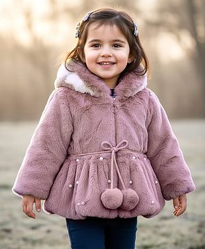 Babyhug Woven Full Sleeves Hooded Fur Winter Jacket with Pearl Detailing - Pink