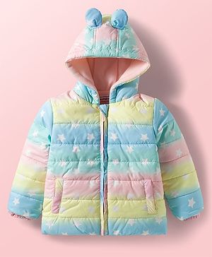 Babyhug Woven Full Sleeves Hooded Padded Jacket With Ear Applique & Star Print - Multicolour