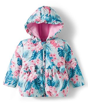 Babyhug Woven Full Sleeves Hooded Padded Jacket with Floral Print & Bow Applique - Pink & Blue
