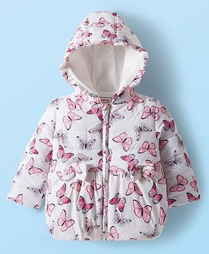 Babyhug Woven Full Sleeves Hooded Padded Jacket with Butterfly Print & Bow Applique - White